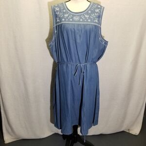 Faded Glory 3X Dress 100% Cotton Chambray  Sleeveless Embroidered Floral Boho